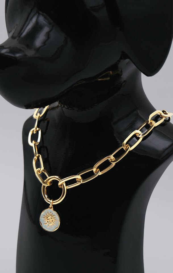 Köpek ve Kedi Altın Kaplama Beyaz Mineli Güneş Tasarımlı Zincir Kolye