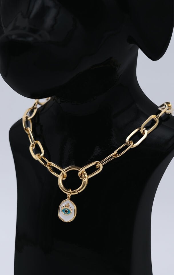 Köpek ve Kedi Altın Kaplama Renkli Mineli Göz Tasarımlı Zincir Kolye
