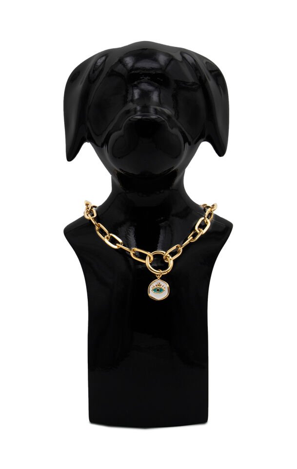 Köpek ve Kedi Altın Kaplama Renkli Mineli Göz Tasarımlı Zincir Kolye