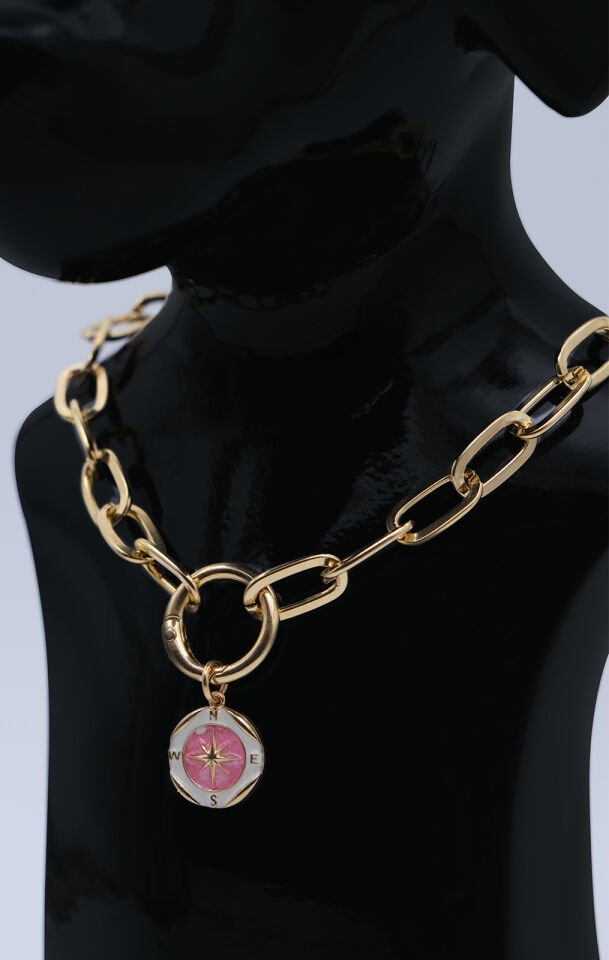 Köpek ve Kedi Altın Kaplama Renkli Mineli Pusula Tasarımlı Zincir Kolye