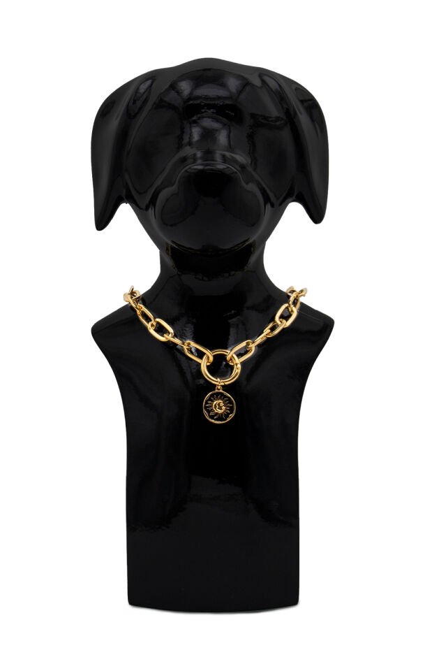 Köpek ve Kedi Altın Kaplama Siyah Mineli Güneş Tasarımlı Zincir Kolye