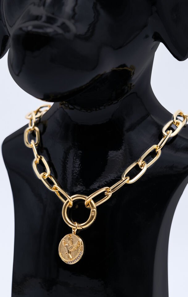 Köpek ve Kedi Altın Kaplama Zeytin Dalı Tutan Kuş Tasarımlı Zincir Kolye